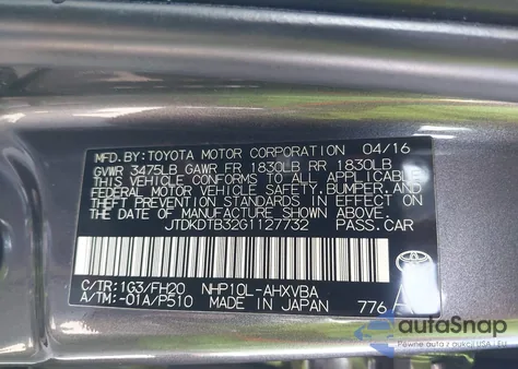 2016 Toyota Prius C One z USA, uszkodzony, nr VIN JTDKDTB32G1127732